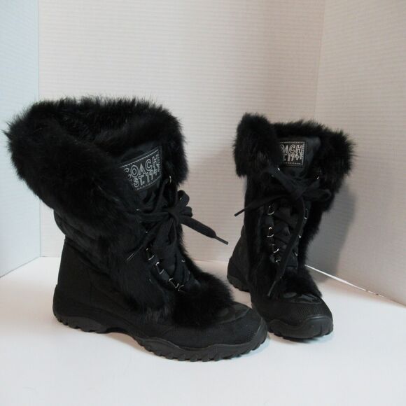 Coach Jennie Snow Boots Women Sz 6.5 B Black Jacquard Signature Rabbit Fur Q522 - Picture 1 of 10